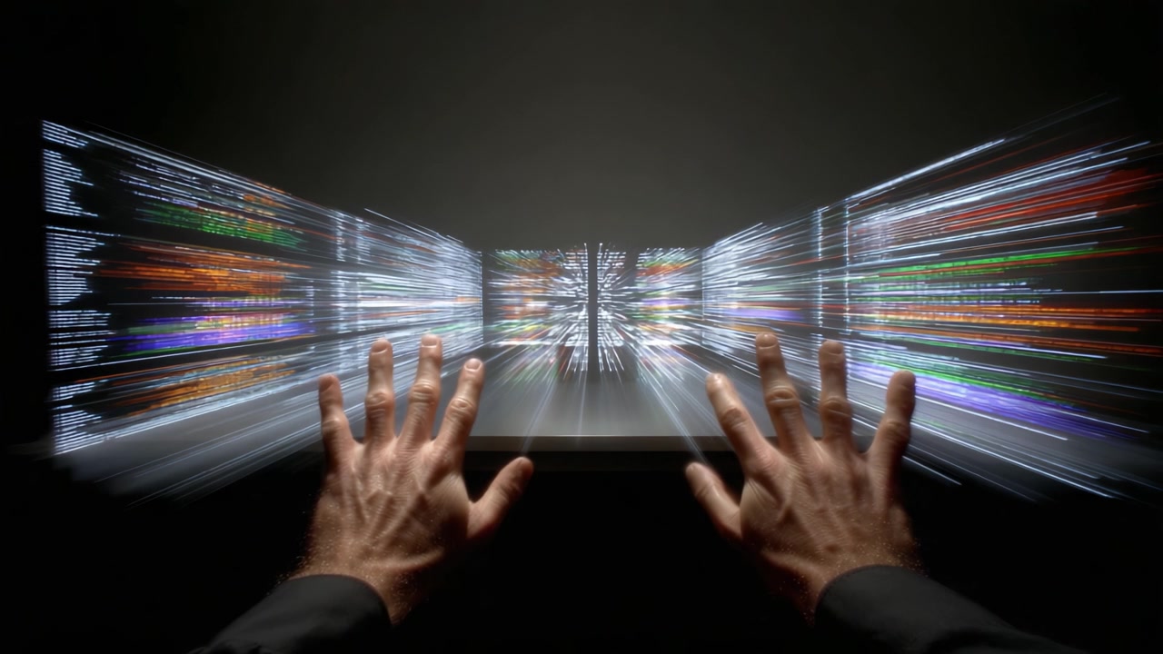 A Futuristic User Interface Experience with Hands Interacting with Blurry Codes and Data Streams, Illustrating the Concept of Advanced Technology and Interaction Dynamics