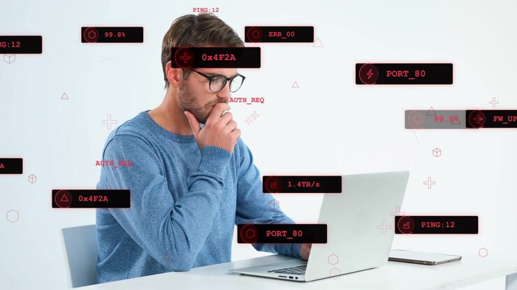 Adult male typing on laptop, causing HUDs, pausing, scanning, resuming analyzing network data