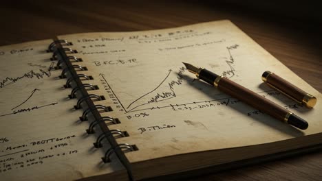 an artistic representation of financial data analysis in a notebook: a close-up view of handwritten graphs, notes, and a fountain pen on the table