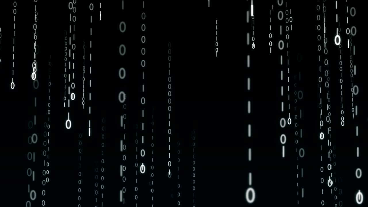 Strings of 0 and 1 fall from top to bottom in data matrix created in cyberspace.