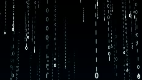 strings of 0 and 1 fall from top to bottom in data matrix created in cyberspace.