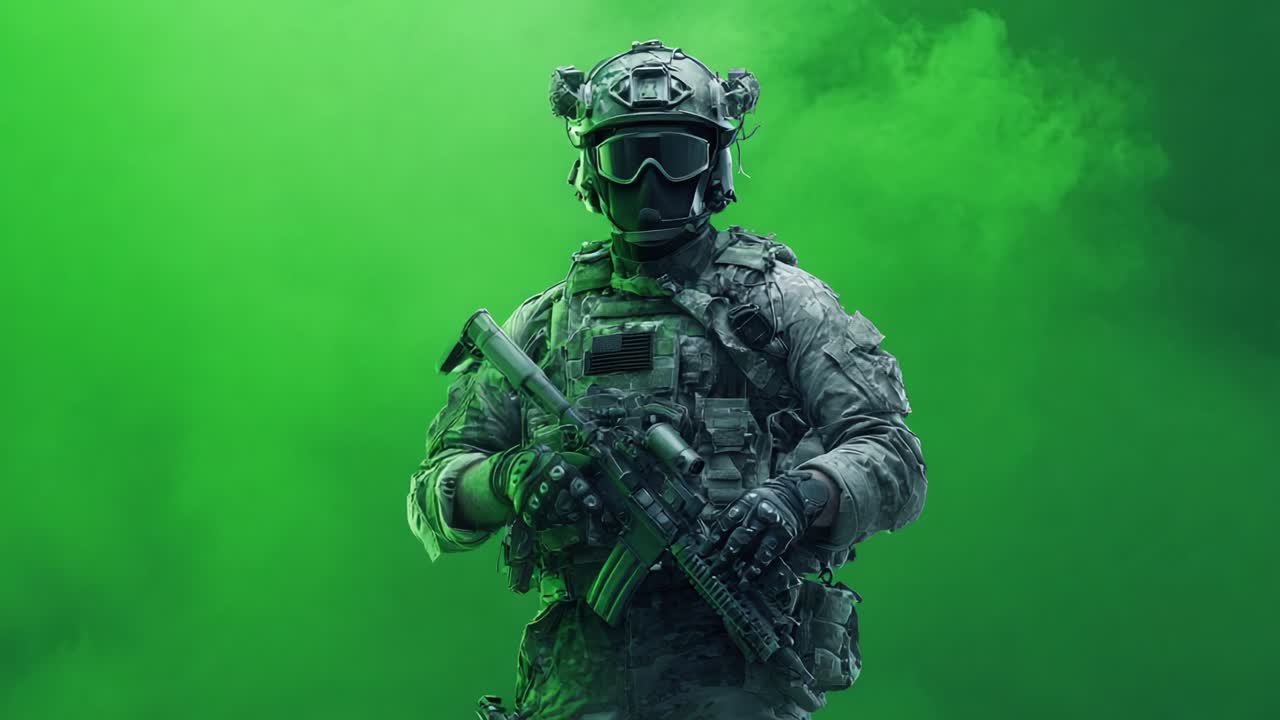 Un soldato furtivo in equipaggiamento tattico è pronto tra fumo verde, a significare prontezza e precisione nelle operazioni militari.