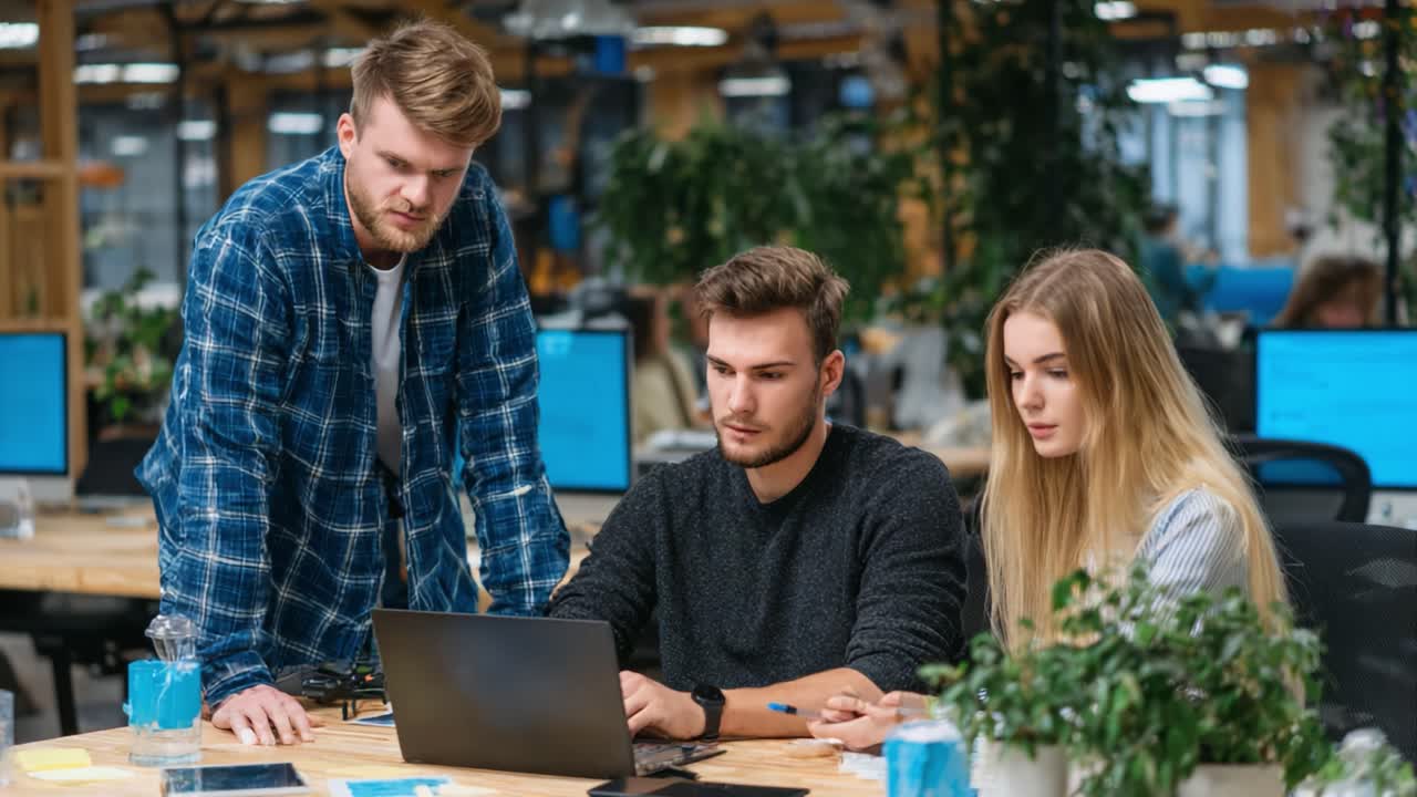 Collaborative Teamwork in a Modern Office Setting: Engaged Professionals Analyzing Data Together on a Laptop Surrounded by Greenery and Technology