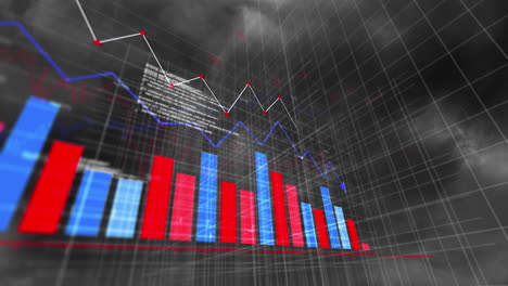 animación del procesamiento de datos estadísticos a través de la red de red contra truenos y nubes oscuras.