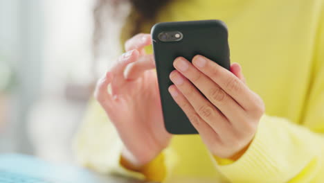 Woman,-hands-and-phone-on-laptop