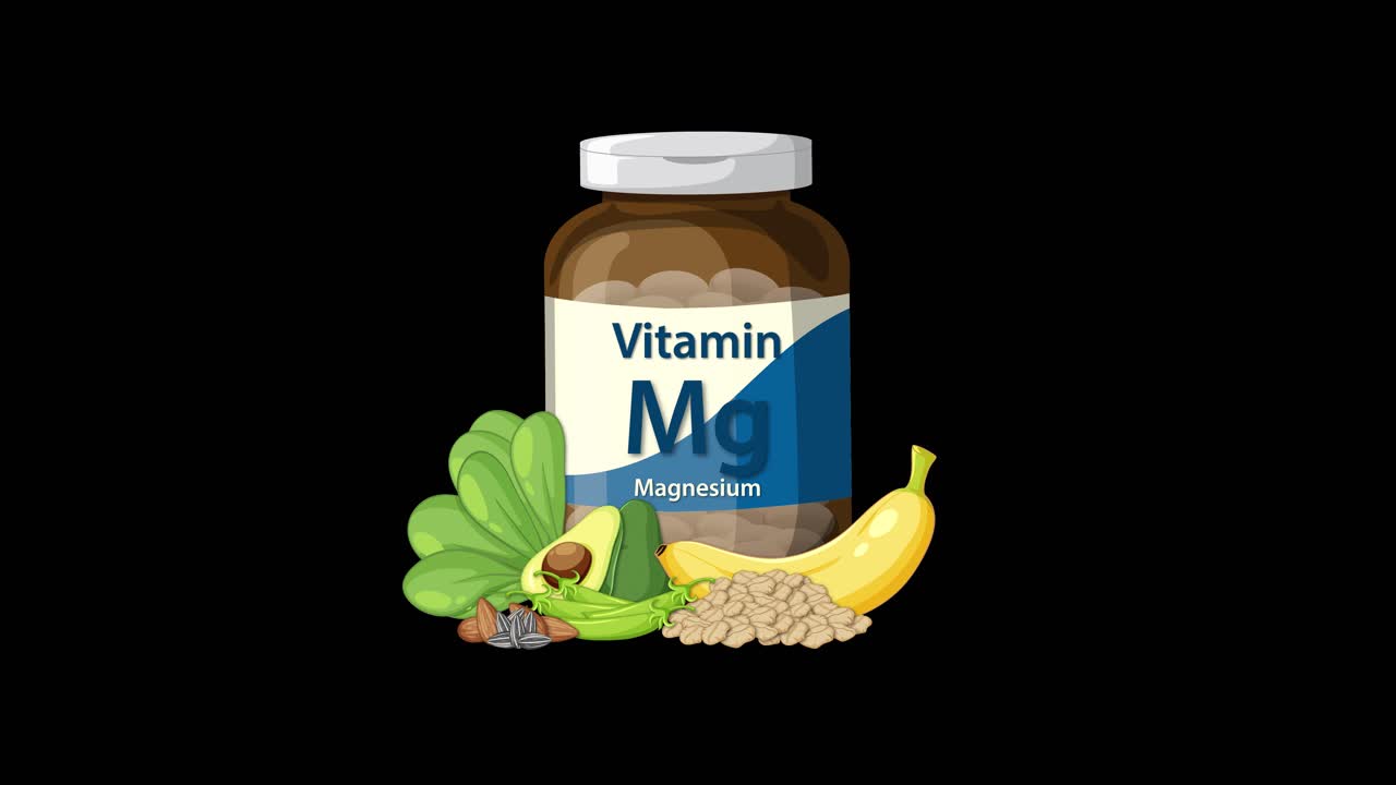 Magnesium supplement bottle appears with illustrated healthy foods, smooth transitions, black background, flat style