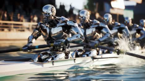 High-tech robots engage in a thrilling rowing competition, displaying remarkable teamwork and synchronization on a sunlit lake, with spectators cheering from the shore.