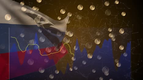 animación de los símbolos de bitcoin sobre el procesamiento de datos y la bandera de rusia