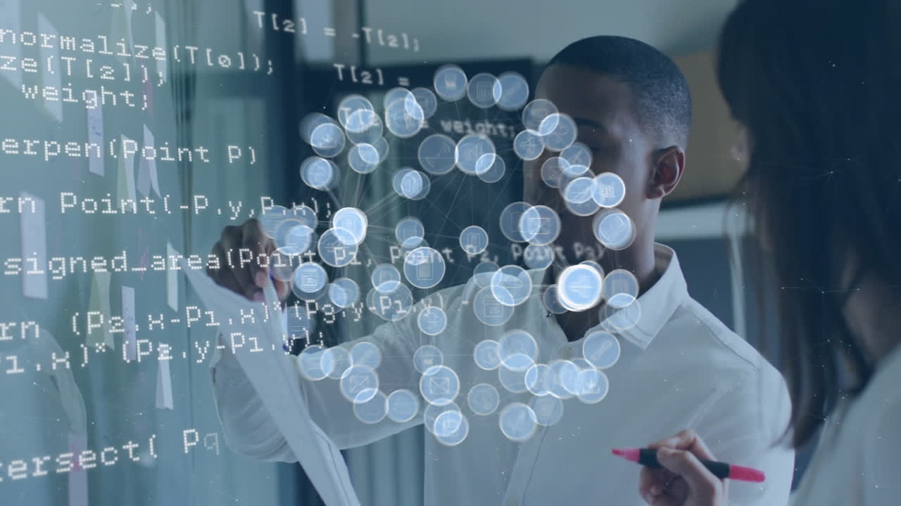 Animation of data processing and icons over diverse business people discussing work in office