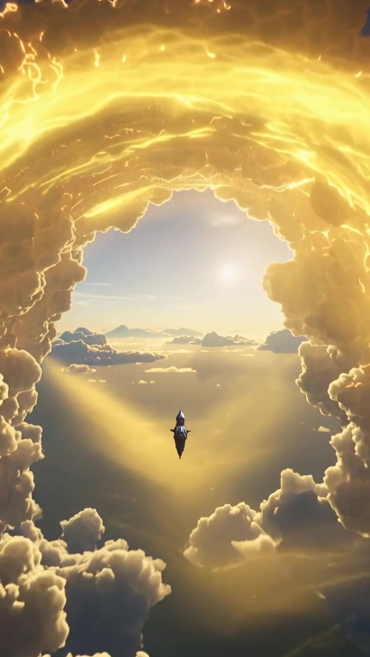 Video verticale: Barchetta che scivola con una figura che reagisce a un arco pulsante, muovendosi nel cielo verso l'orizzonte