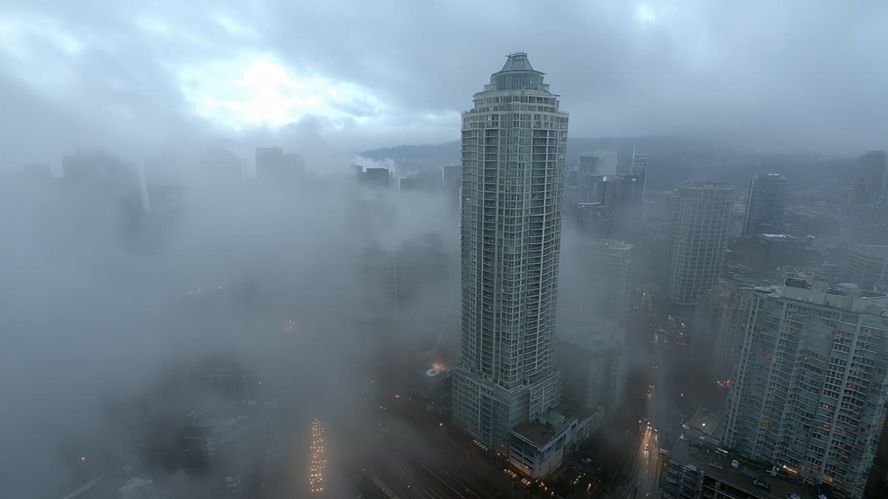 Misty Urban Landscape: An Enigmatic View of a Skyscraper in the Heart of the City Surrounded by Mysterious Clouds and Foggy Atmosphere