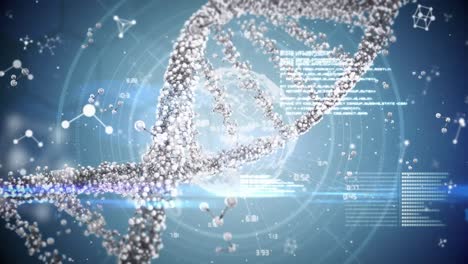animation of dna, molecules, globe and data processing on blue background