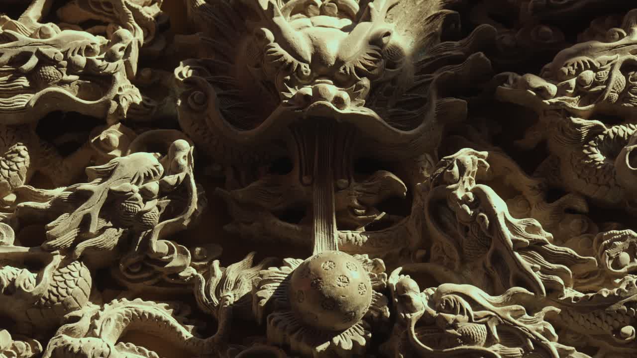 Intricate Chinese Dragon Wall Relief Carving Close Up