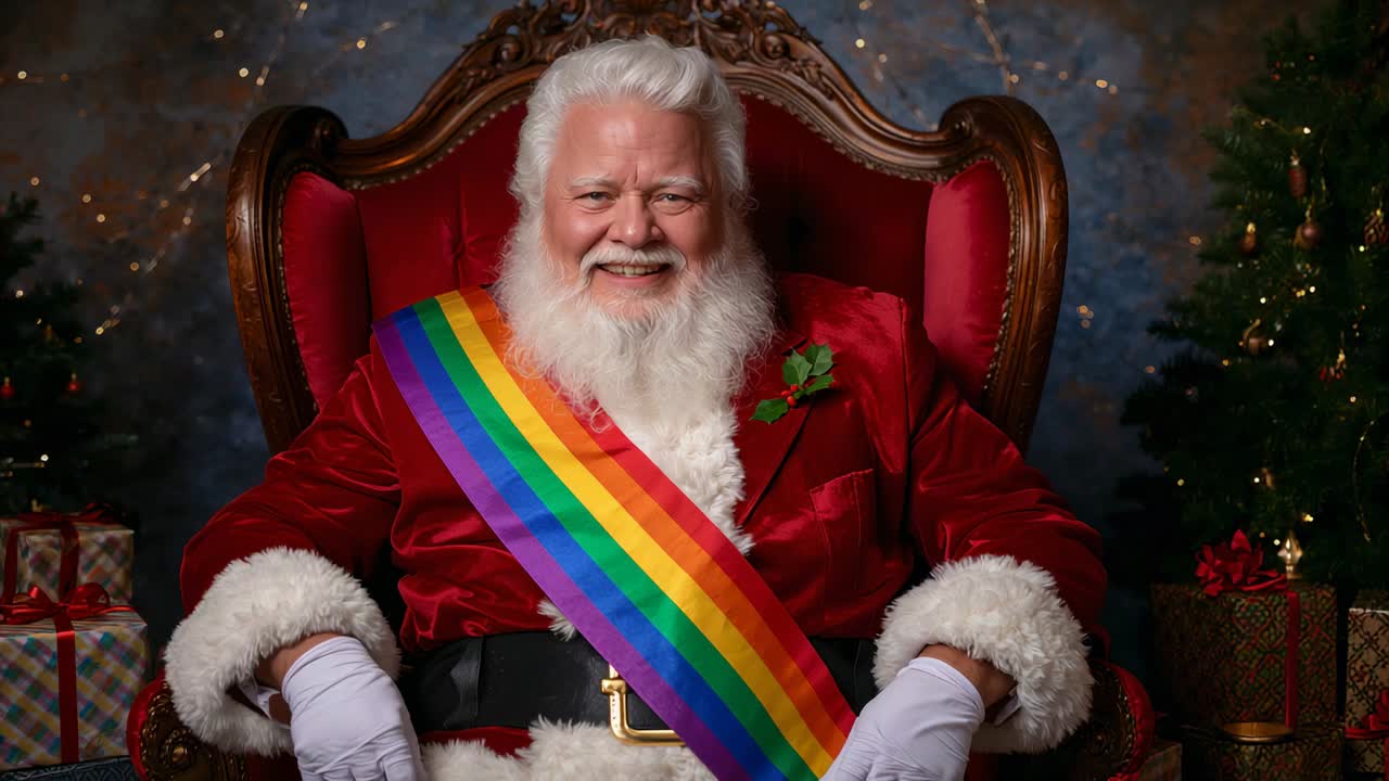 Camera starting, senior Santa shifting look for holiday portrait, wearing red suit and rainbow sash