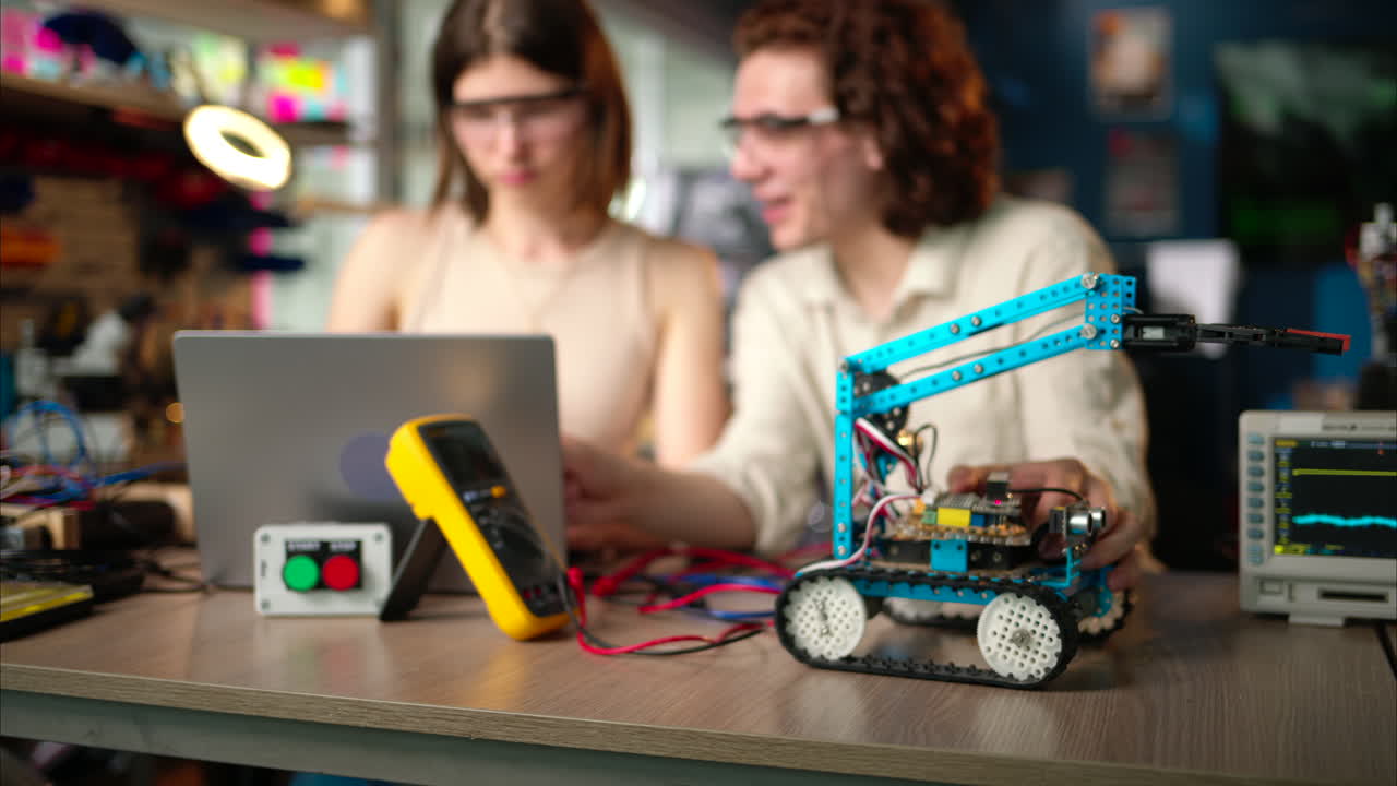 Two young happy engineers fixing a mechanical robot car in the workshop, computer programming