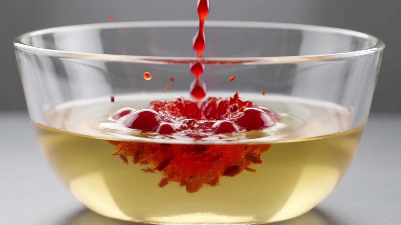 Liquido rosso che gocciola in olio trasparente in una ciotola di vetro