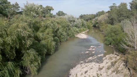 la fotografía aérea diurna captura la belleza escénica del río guadalquivir, en marmolejo, situado en la provincia de jaén, españa, mostrando el cautivador entorno natural y los exuberantes paisajes de la zona.