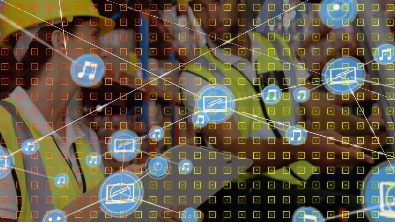 animación de la red de conexiones con iconos sobre el hombre y la mujer que trabajan en el almacén