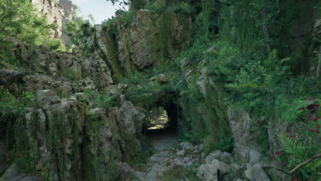 a dark tunnel in a lush green forest