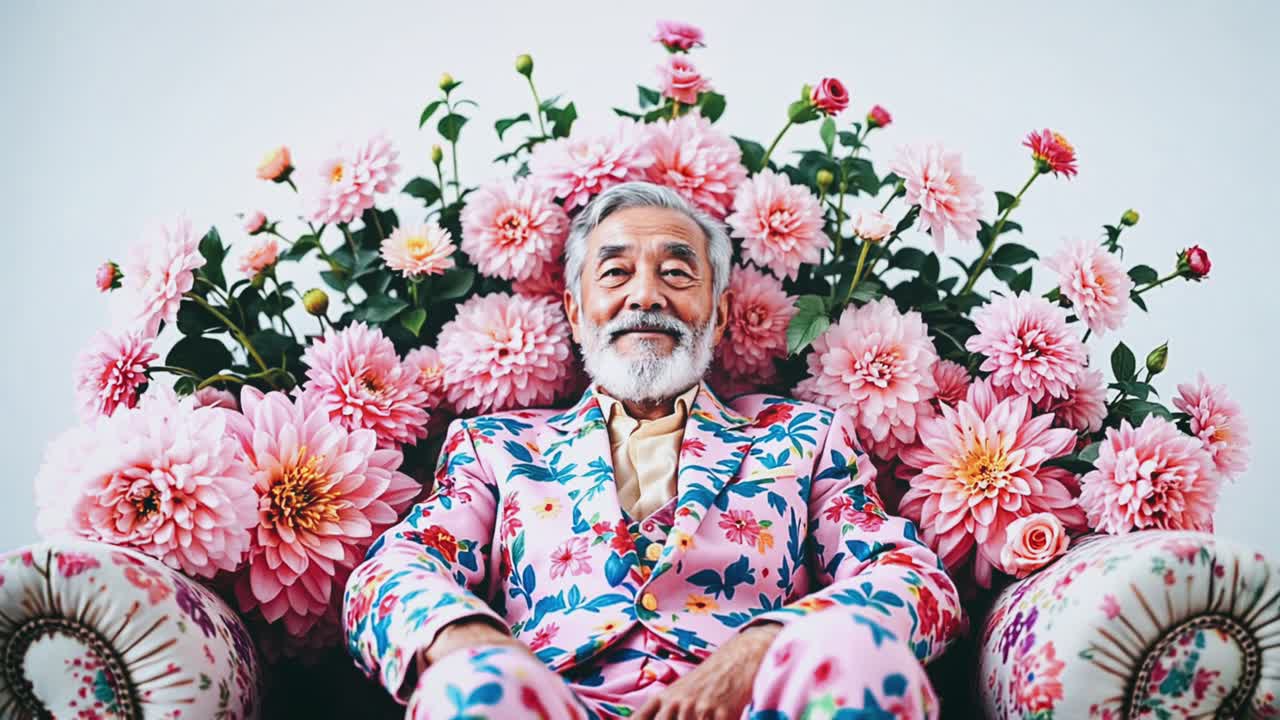 Stylish Senior Man in Pink Floral Suit Surrounded by Pink Flowers