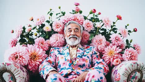 stylish senior man in pink floral suit surrounded by pink flowers