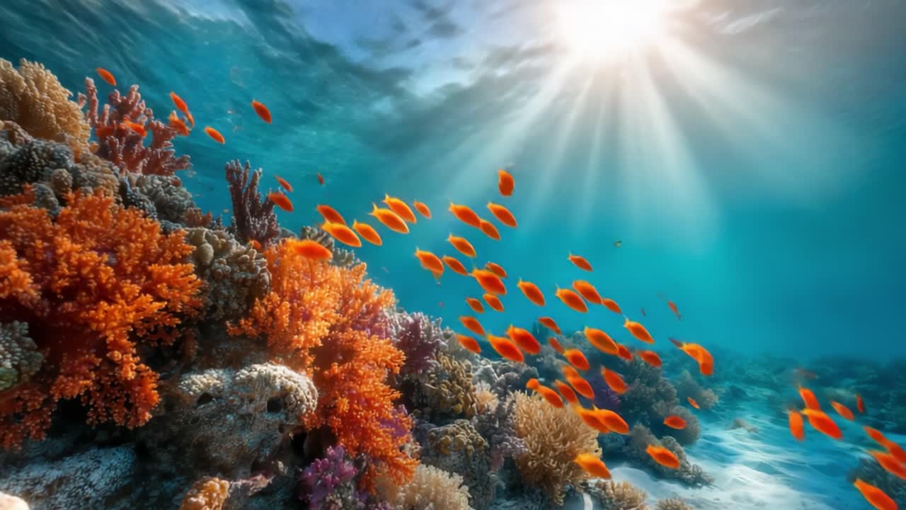 Una bellissima scena subacquea che mostra vivaci barriere coralline e banchi di pesci arancioni che nuotano sotto i raggi del sole in un ambiente oceanico cristallino.