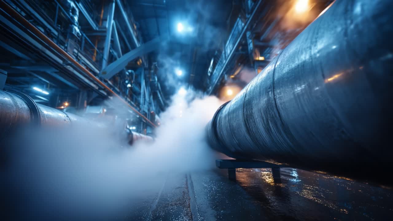 En tåget industriel scene, der viser store rør, som transporterer damp i et svagt oplyst miljø, der fremhæver de komplekse maskiner og atmosfæriske effekter i anlægget