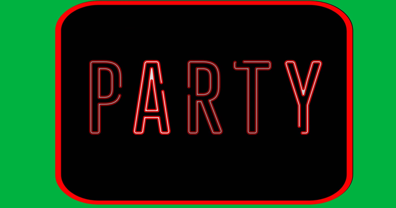 Animazione digitale di banner testuale 'party' arancione neon su sfondo nero