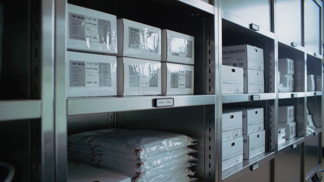 Panning camera revealing metal shelving in supply room with labeled boxes, linens, tubing for audit