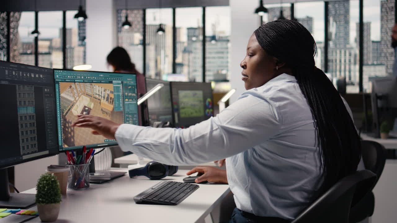 African american developers team using architectural software on computer
