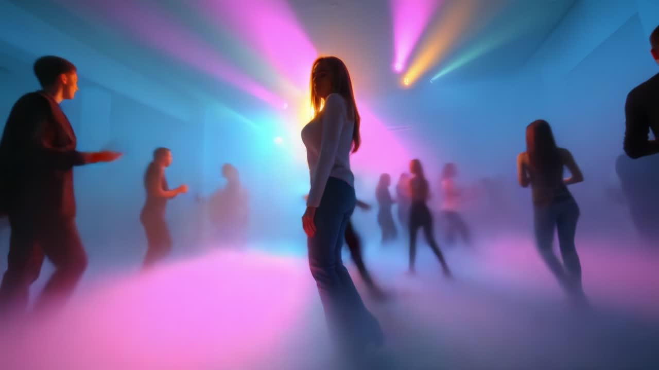 A vibrant dance scene filled with colorful lights and fog, showcasing individuals lost in the rhythm, movement, and atmosphere of a lively celebration night at an energetic dance floor