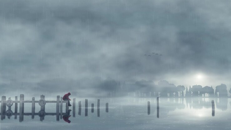 Lonely Person Sitting on a Wooden Pier During a Rainy Day