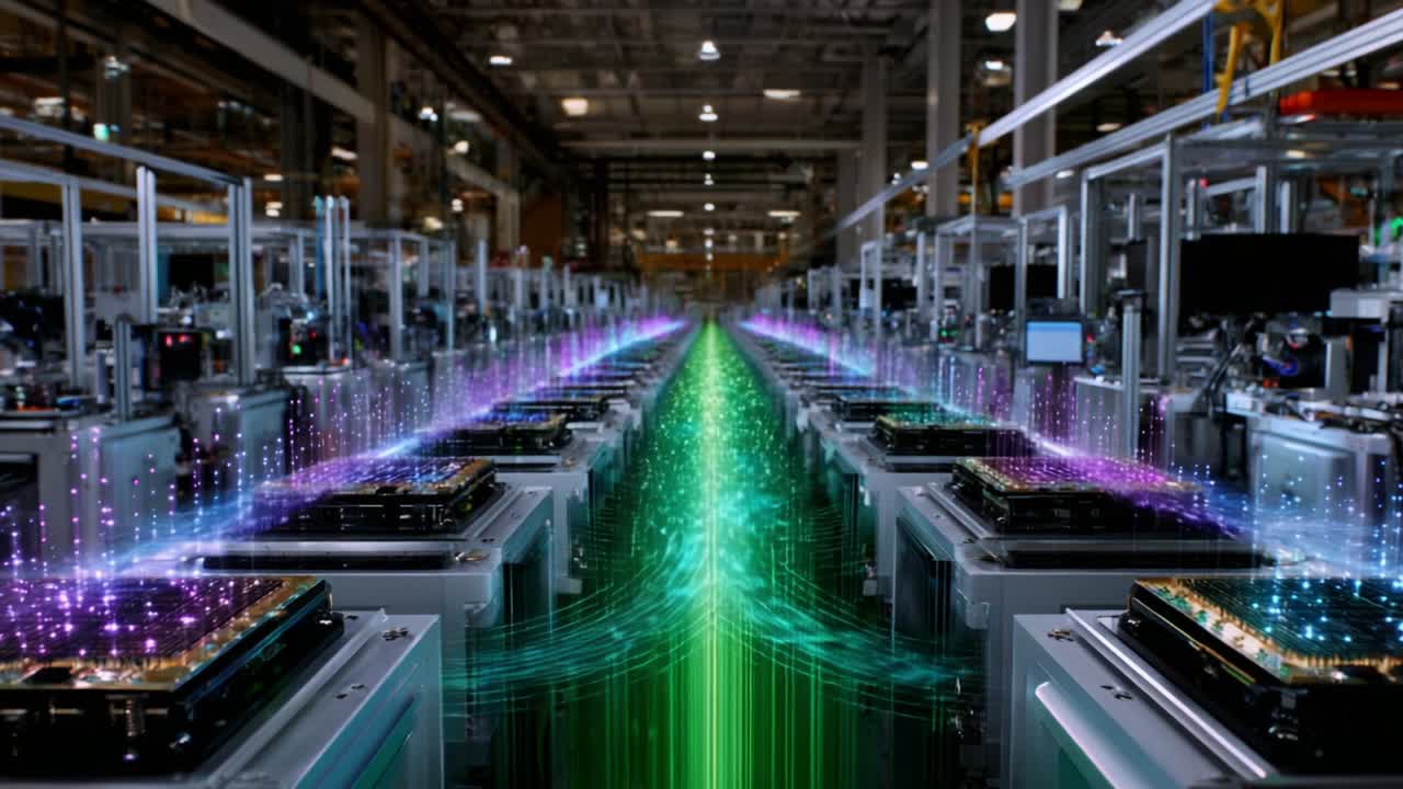 A high-tech manufacturing facility showcasing advanced automation processes, highlighting a streamlined production line filled with vibrant data streams and digital transformations, representing the future of factory innovations