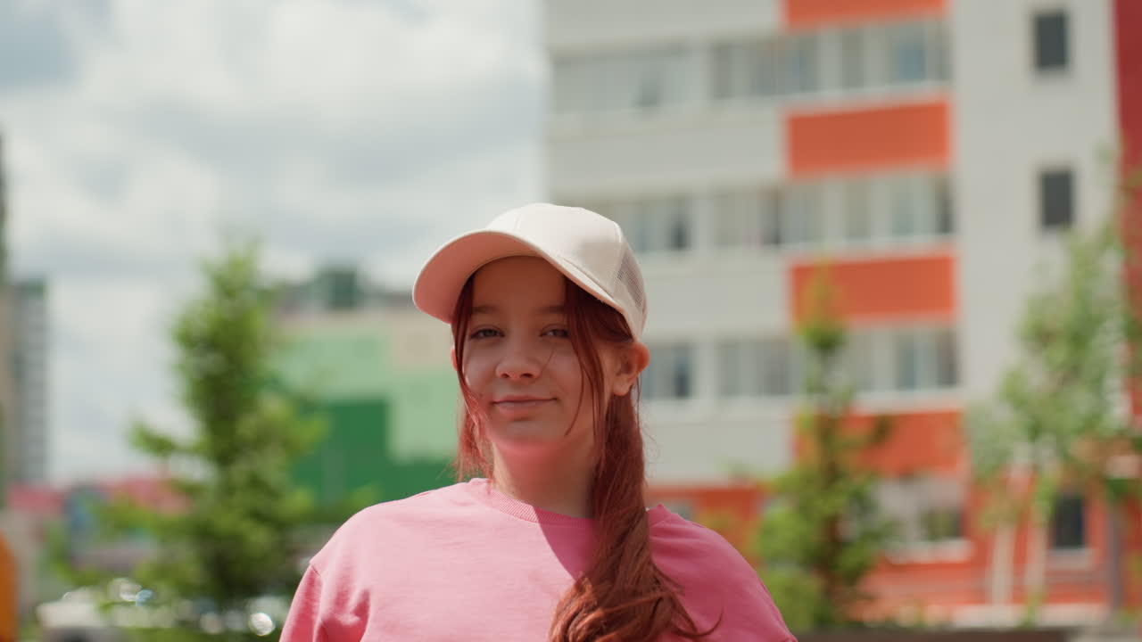 Girl Smiling Outside In Sunlight, Bright Natural Setting With Smiling Girl In Colorful Surroundings, Happy Young Woman Enjoying Sunlight Amid Lively Cityscape And Vivid Background Elements