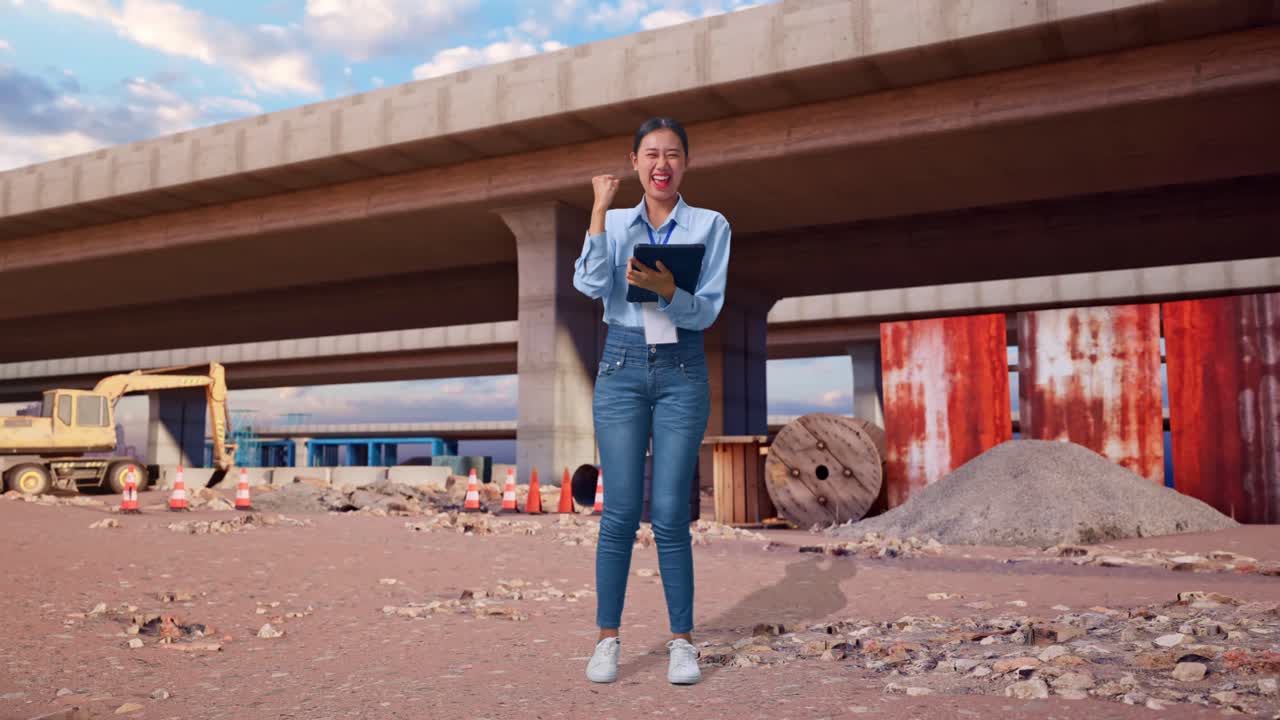 Cuerpo completo de una mujer asiática con su tablet en el sitio de construcción de una autopista; levanta el puño y grita celebrando un logro tras escribir en la tablet