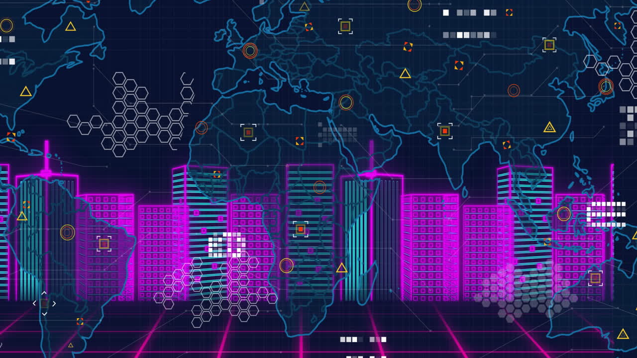 Animation of futuristic cityscape with digital data and world map overlay