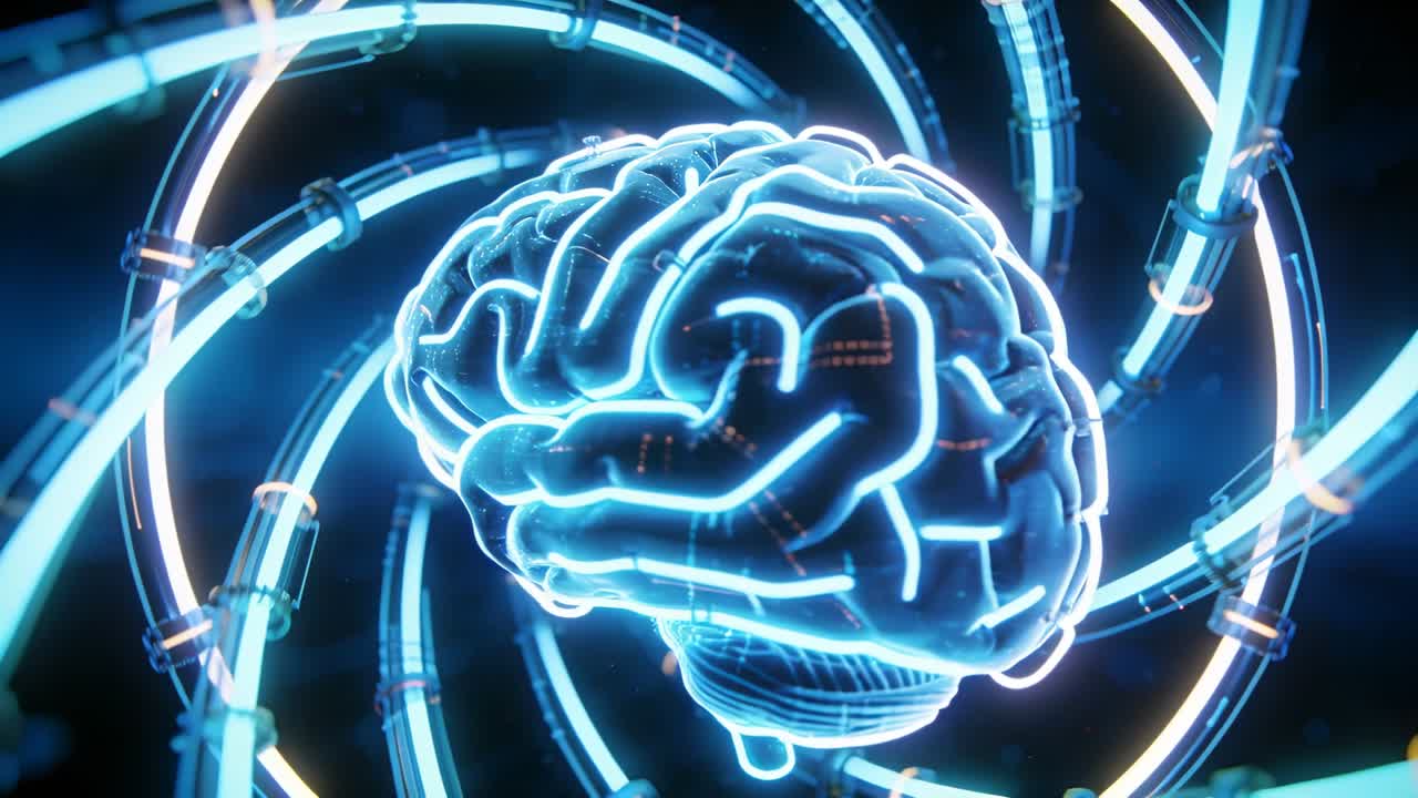Appearing right, rotating holographic brain revealing other hemisphere in dark space, spiral tubes