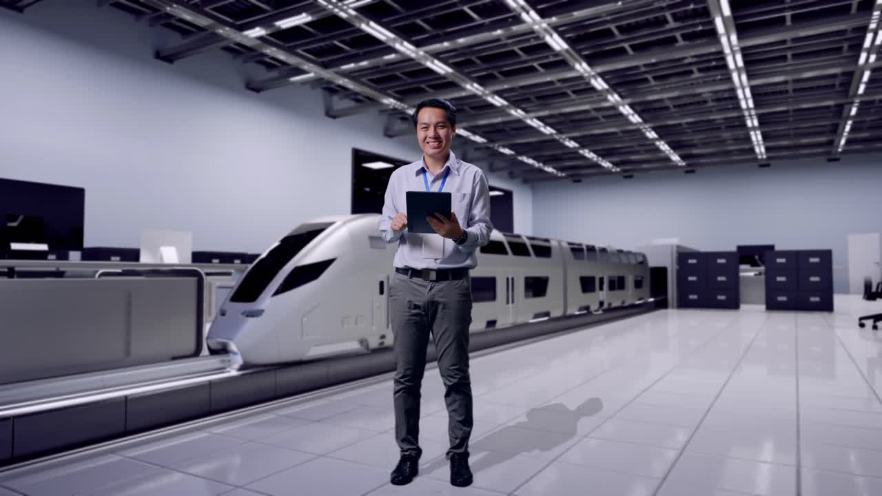 Full Body Of An Asian Male Professional Worker Standing, Futuristic High-Speed Train in a Modern Testing Facility, Typing On Tablet'S Keyboard With Green Screen And Look At The Factory Once