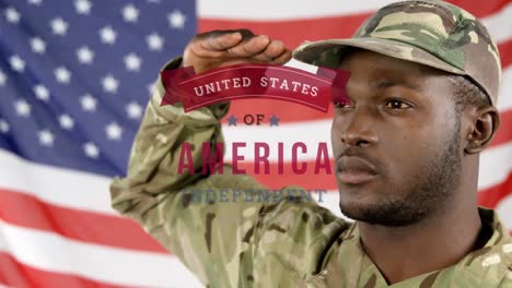 Animation-of-independence-day-text-over-soldier-saluting-and-american-flag