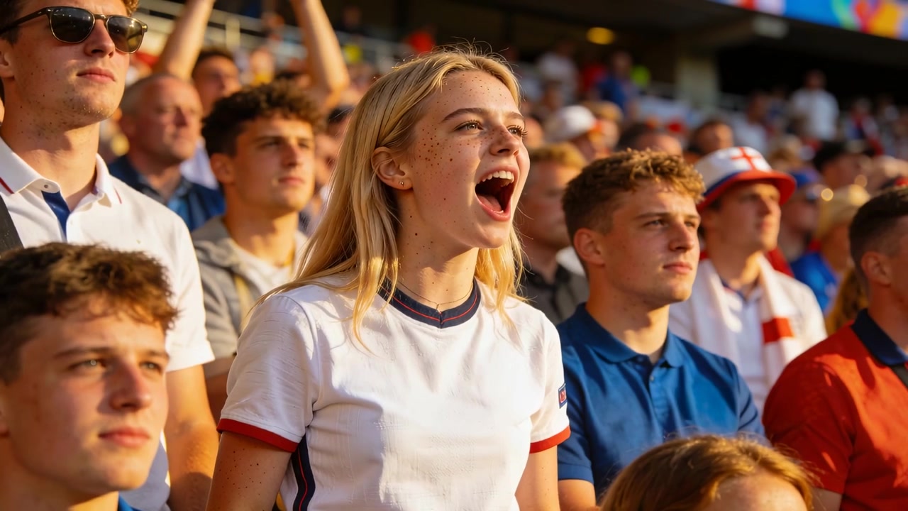Standing blonde woman reacting to offfield action, vocalizing, watching in stands white T, red trim