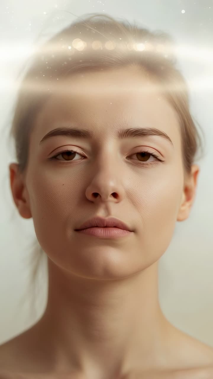 Video verticale: rendering di una donna illuminata da una luce soffusa che apre gli occhi, concentrandosi sulla camera in studio, particelle