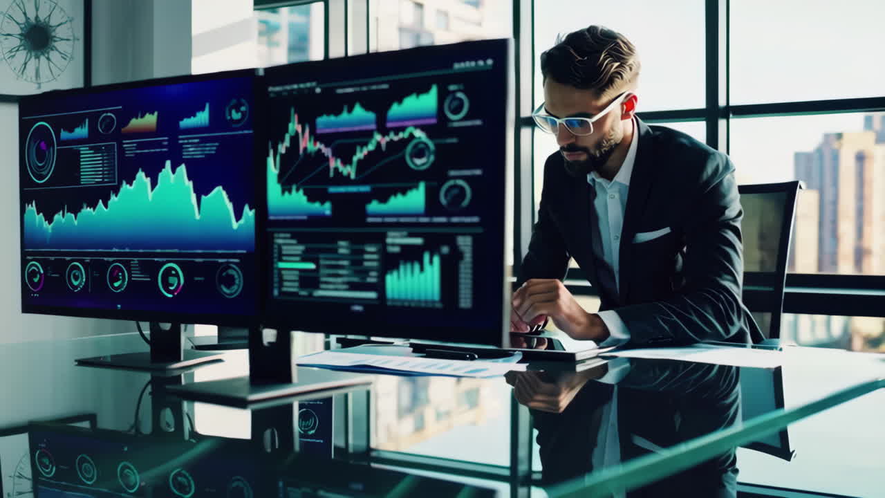 Businessman analyzing data on multiple monitors