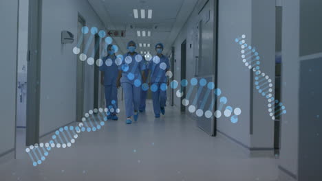 animation of dna strands over diverse surgeons walking