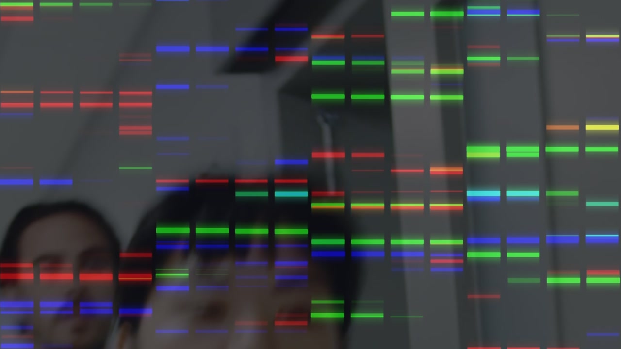 Animation of data processing on digital screen over diverse doctors running on corridor