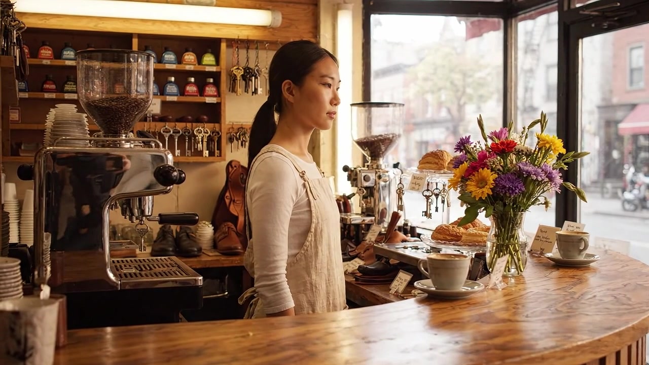 Una scena accogliente in un caffè, con un barista che prepara bevande, circondato da fiori freschi e gustose prelibatezze in una giornata di sole accanto alla finestra.
