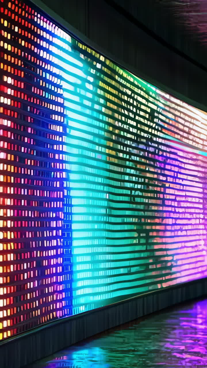A long wall of colorful lights with a rainbow of colors. The lights are arranged in a way that they look like they are moving. Scene is energetic and lively