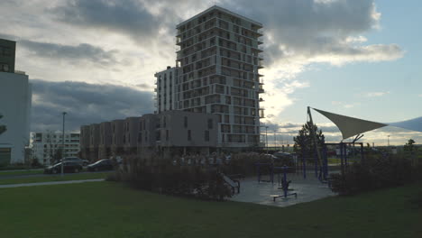 New-luxury-apartments-complex-with-outdoor-gym-shot-during-sunset