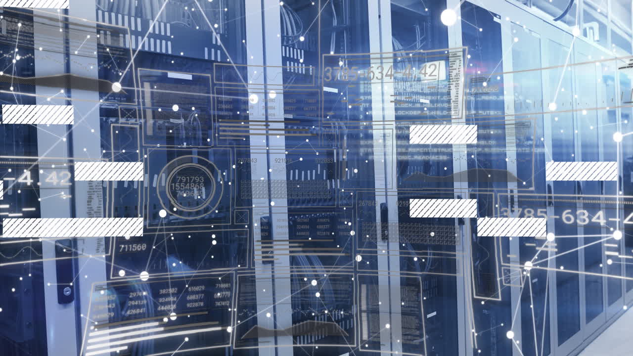 Animation showcases data processing in a server room network.