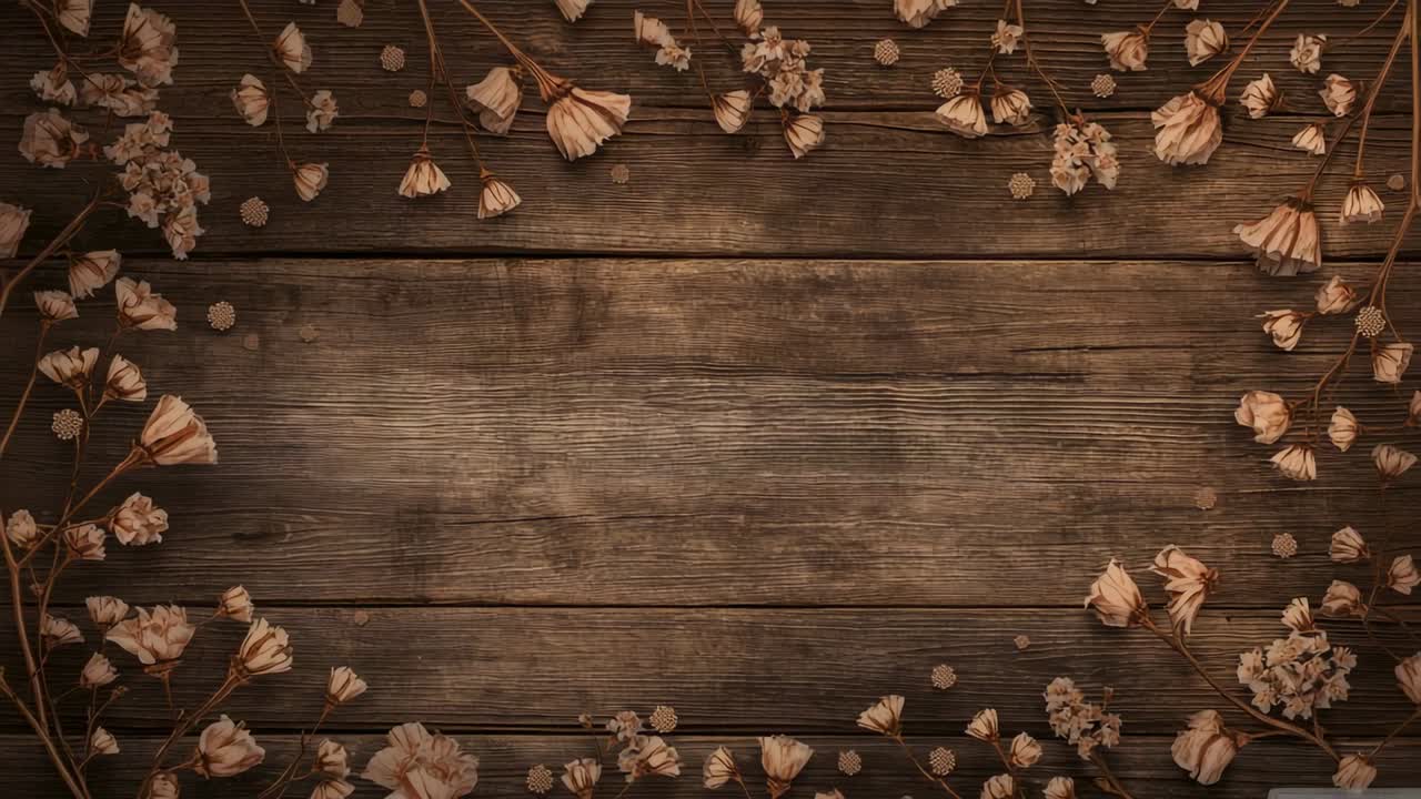 Playback starting worn plank on studio flatlay showing dried blooms drifting and petals settling