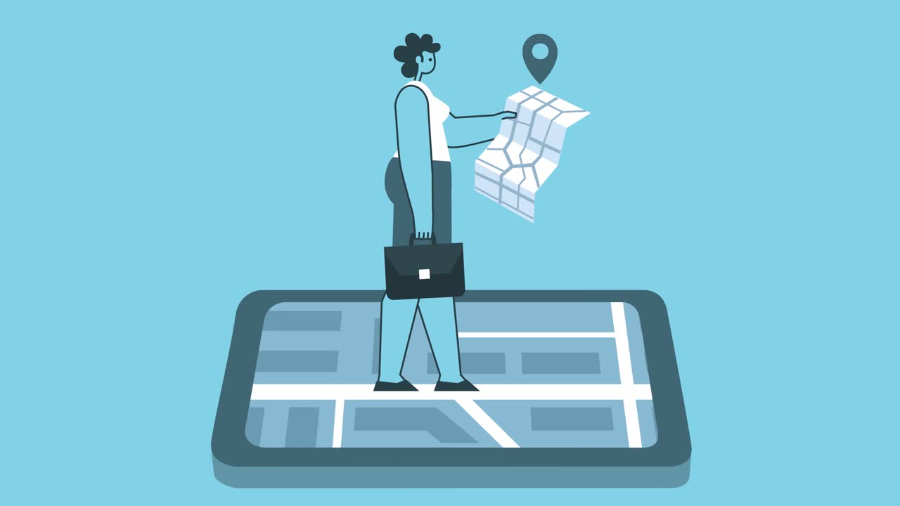Flat Businesswoman with Briefcase Walking with GPS Map and Smartphone. Flat Design Cartoon Character Isolated Loop 2d Animation